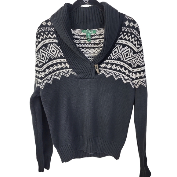 Lauren Ralph Lauren Black Shawl Collar Sweater Women’s Medium Fair Isle - Picture 1 of 5